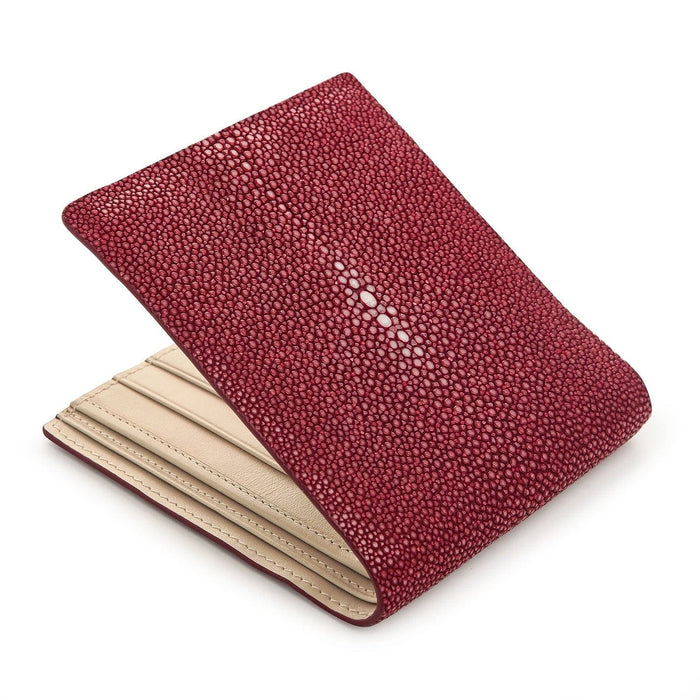A beautifully handcrafted wallet made from premium, polished burgundy stingray leather for a smooth and luxurious feel.