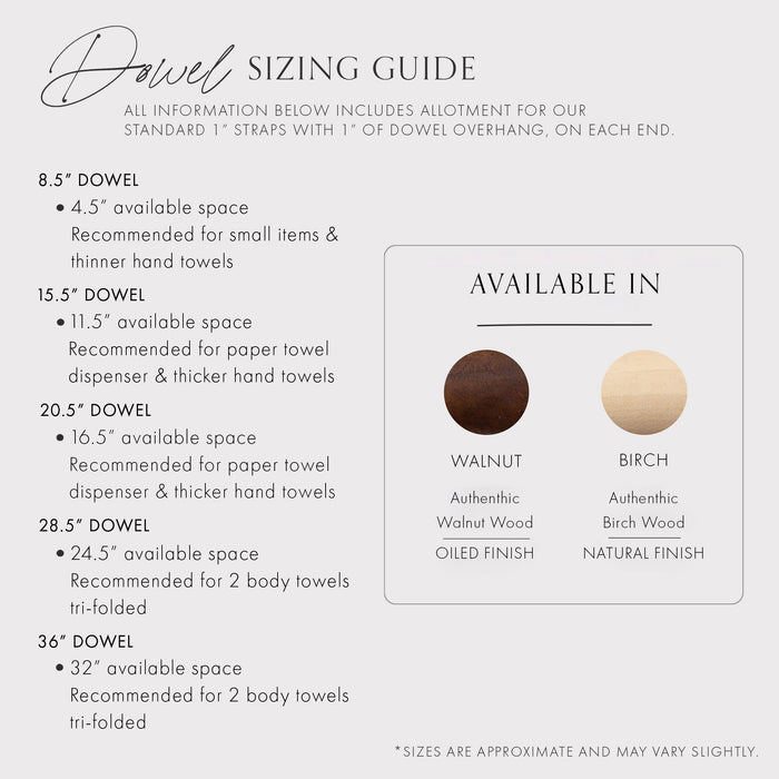 Dowel sizing guide for Keyaiira leather wall racks showing available lengths from 8.5 to 36 inches, with recommendations for towel and paper towel sizes. Includes walnut and birch wood finish options with oiled and natural finishes.