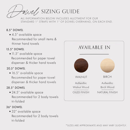 Dowel sizing guide for Keyaiira leather wall racks showing available lengths from 8.5 to 36 inches, with recommendations for towel and paper towel sizes. Includes walnut and birch wood finish options with oiled and natural finishes.