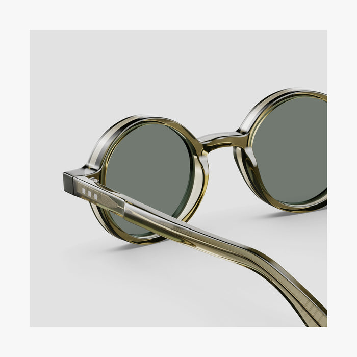 Crystal Sencha / Grey Green Lens | Close-up detail view of Cairn Sunglasses in Crystal Sencha with Grey Green Lens