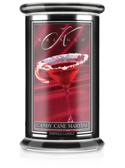 Kringle Candle with a red martini glass design on the label