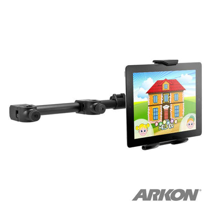 The Car Headrest Extension Tablet Mount for iPad, Note, and more holds a tablet with a cartoon house and characters. Extended horizontally, it features the ARKON logo and is ideal for rear seat entertainment.