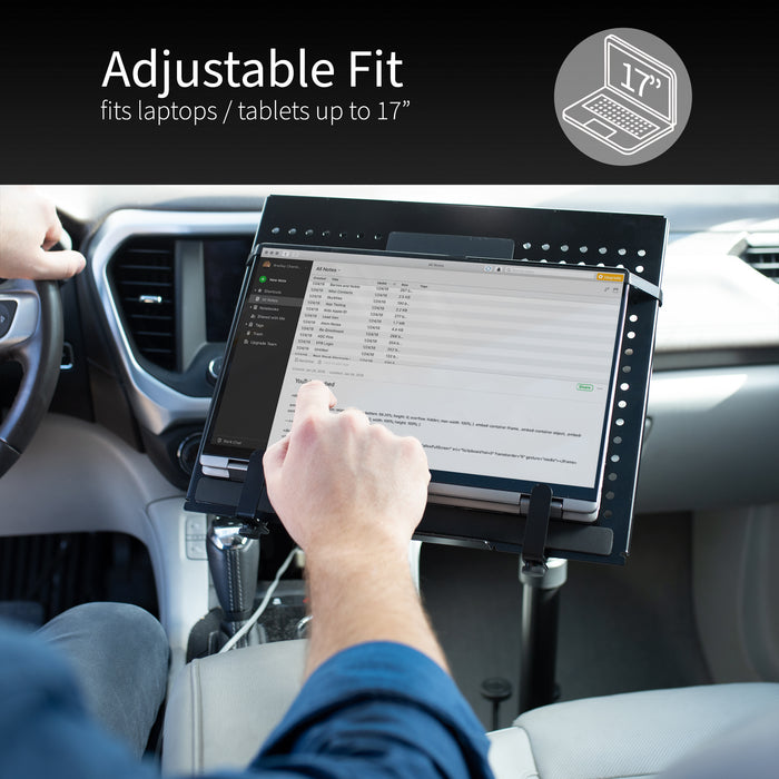 Perfect for on-the-go use, this car laptop stand anchors to the seat bolts on the passenger side chair, providing a secure and sturdy workstation.
