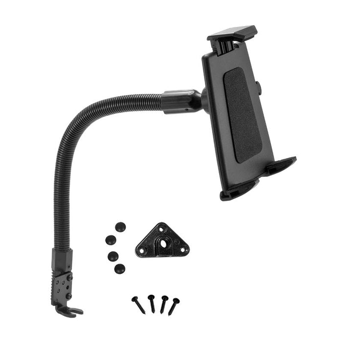 The Car or Truck Seat Rail or Floor Tablet Mount for iPad, Note, and more features a black adjustable holder with a flexible gooseneck arm, mounting bracket, screws, and rubber pads—ideal as a car tablet mount. Shown on a white background.