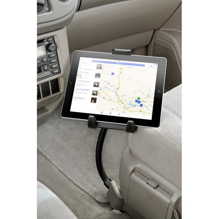 A Car or Truck Seat Rail or Floor Tablet Mount for iPad, Note, and more is attached to the passenger seat, positioning a tablet with a map for easy viewing from the front seats.