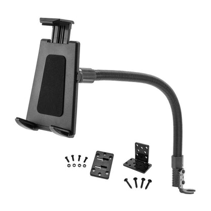 The Car or Truck Seat Rail or Floor Tablet Mount features a 22 flexible gooseneck and includes a mounting bracket with screws—ideal for iPad, Note, and more—perfect as a car tablet mount. Displayed on a white background.