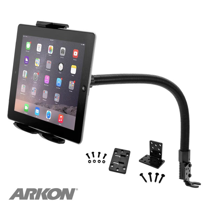 The Car or Truck Seat Rail or Floor Tablet Mount features a 22 flexible gooseneck, clamp, installation hardware, and mounting plates for iPad, Note, and more. The screen displays app icons with the Arkon logo in the lower left corner.