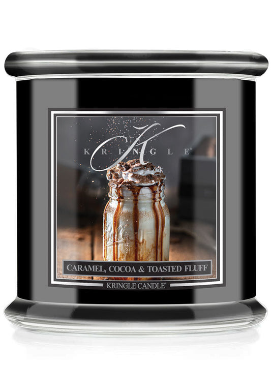 Kringle Candle with a label featuring a jar of caramel and cocoa dessert.