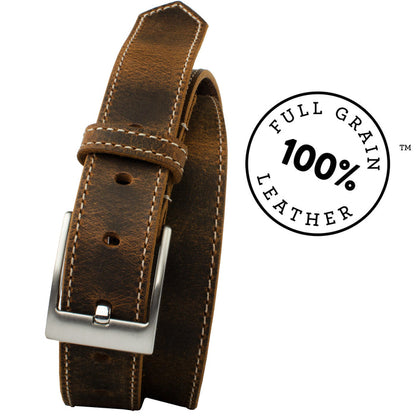 Caraway Mountain Distressed Brown Leather Belt (Stitched). 100% full grain leather strap.
