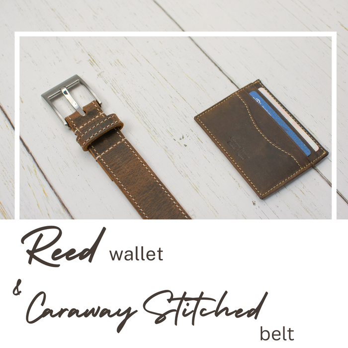 Caraway Mountain belt & Reed card holder. Distressed brown leather. Belt has cream edge stitching.