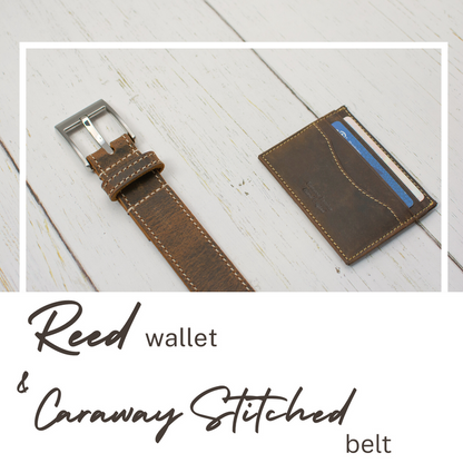 Caraway Mountain belt & Reed card holder. Distressed brown leather. Belt has cream edge stitching.