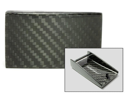 Carbon Fiber Hook Buckle by Nickel Smart. Inset of back of hook buckle with Nickel Smart logo.