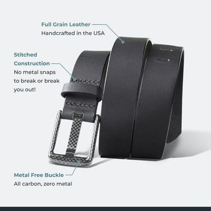 Full grain leather; made in USA; buckle stitched to strap; metal free buckle; zero metal belt.