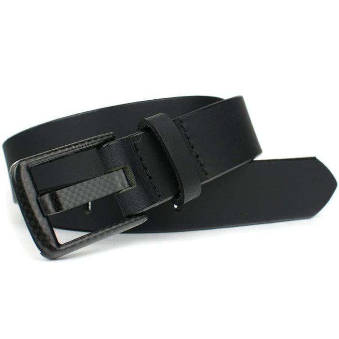 Carbon Fiber Wide Pin Black Belt. Buckle sewn to strap. No metal on this belt. Sleek all-black look.