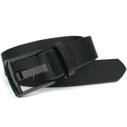 Carbon Fiber Wide Pin Black Belt. Buckle sewn to strap. No metal on this belt. Sleek all-black look.