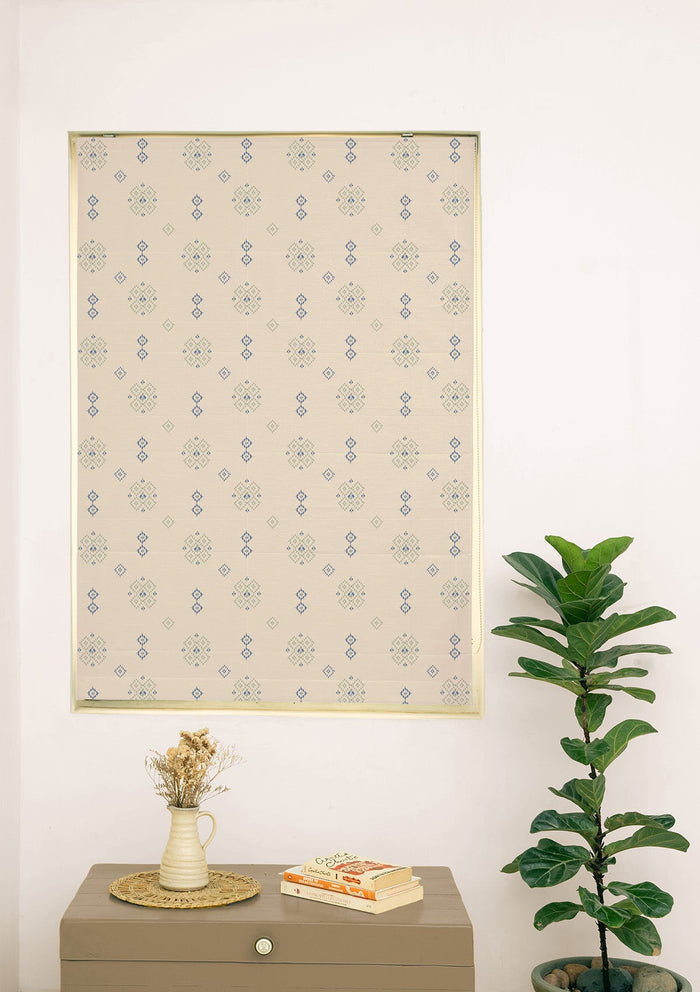 Casara Green Geometric Printed 100% Cotton Blind Linen For Living Room | Light Reduction