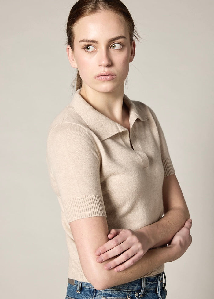 Sonya Hopkins Sydney 100% cashmere polo knit in pale marle beige