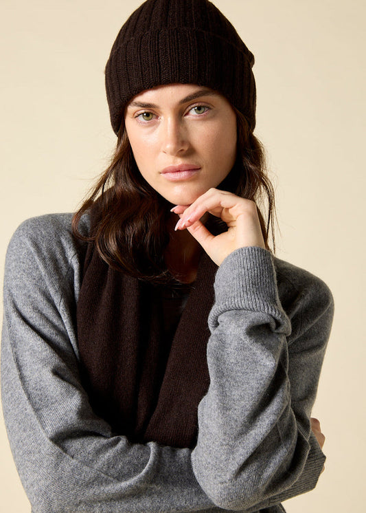 Sonya Hopkins 100% pure cashmere rib beanie in dark chocolate brown