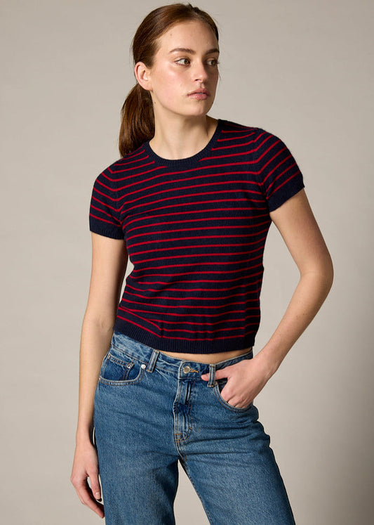 Sonya Hopkins 100% cashmere tiny t-shirt in ink and garnet red stripe
