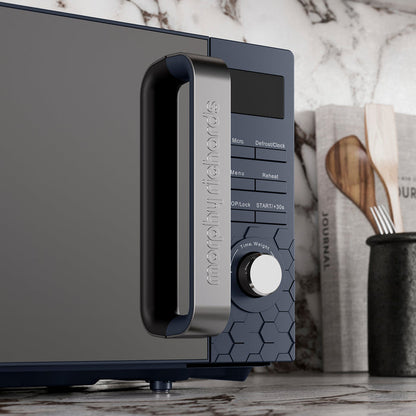 Morphy Richards microwave on a marble countertop with kitchen items in the background