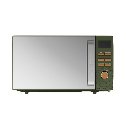 Green microwave oven with metallic finish on a white background