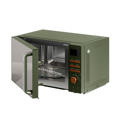 Green microwave oven with open door on a white background
