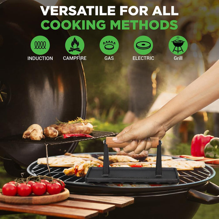 Cast Iron Grill Press - Speeds Cooking - Beech Wood Handle