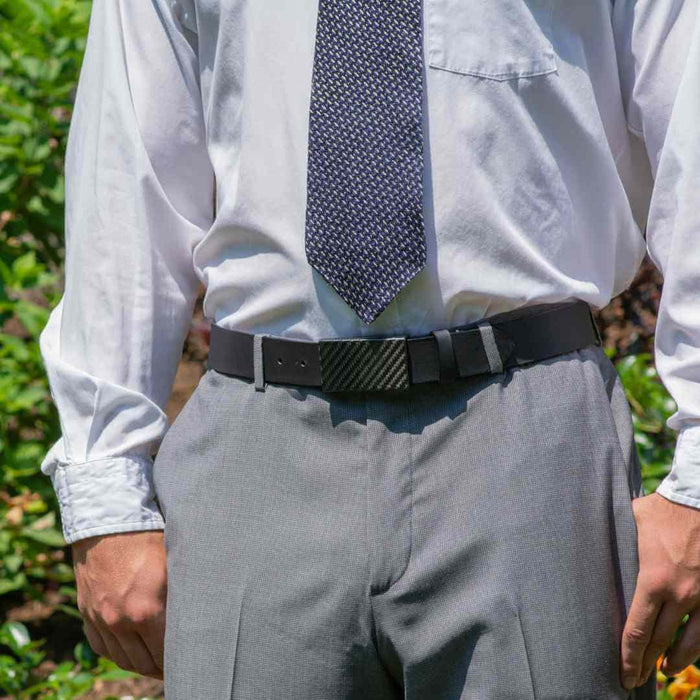 CF 2.0 Black Leather belt. Black leather strap with black carbon fiber hook buckle. TSA friendly