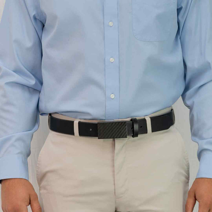 1.38 inch wide black leather belt with TSA friendly carbon fiber black hook buckle. Lawyer Belt