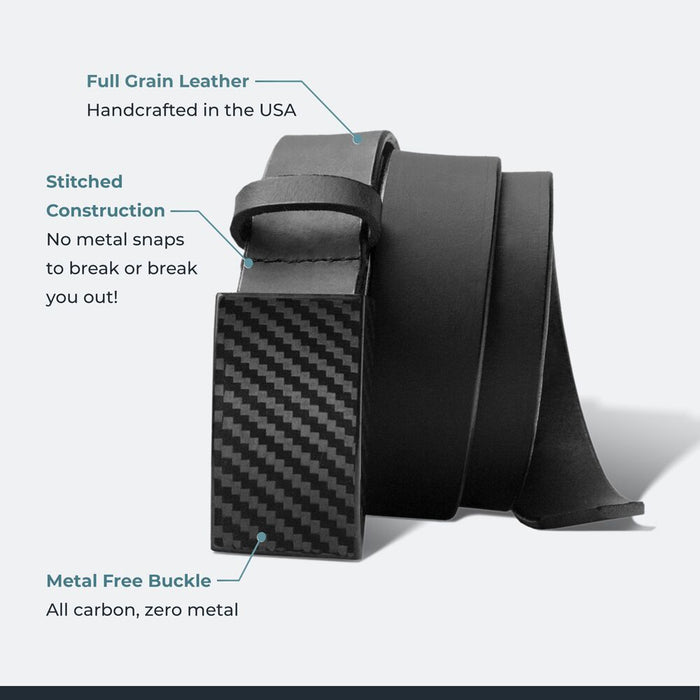 CF 2.0 Black Belt. Full grain leather; made in USA; no metal snaps; metal free buckle.