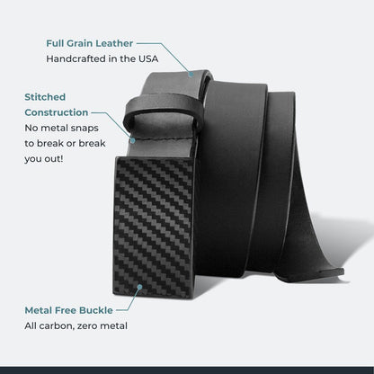 CF 2.0 Black Belt. Full grain leather; made in USA; no metal snaps; metal free buckle.