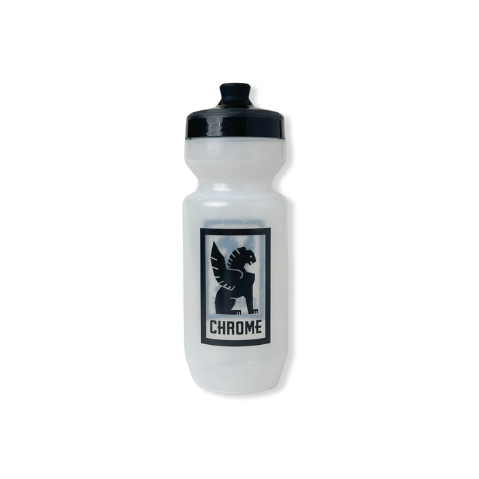 White water bottle with black cap and Chrome logo on a white background