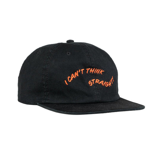 Black cap with orange text 'I CAN'T THINK STRAIGHT' on a white background