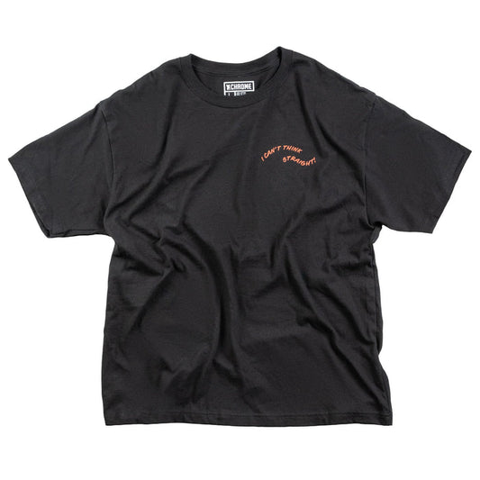 Black t-shirt with text and I Can't Think Straight logo on a white background
