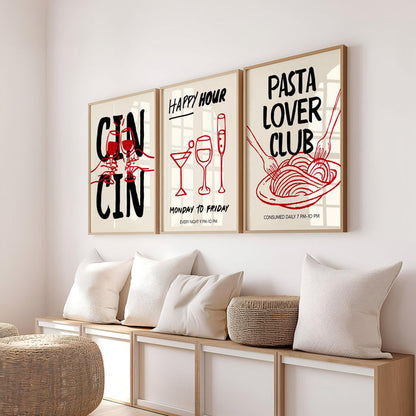 Trendy Cin Cin Cheers Print Set of 3, Retro Happy Hour Poster, Pasta Lovers Food Print, Black Bar Cart Art Print, Maximalist Kitchen Print
