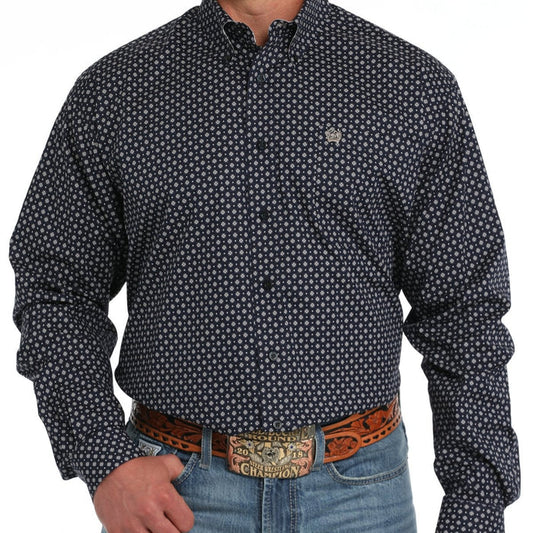 Cinch Men's L/S Classic Fit Geometric Medallion Western Button Down Shirt in Navy