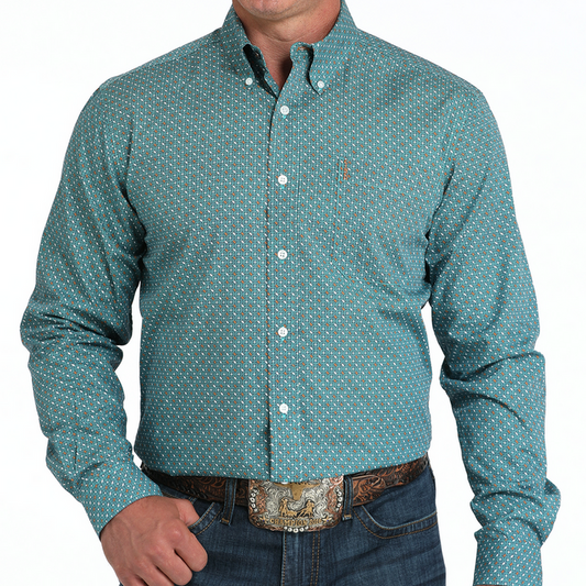 Cinch Men's L/S Modern Fit Geometric Print Western Button Down Shirt in Turquoise
