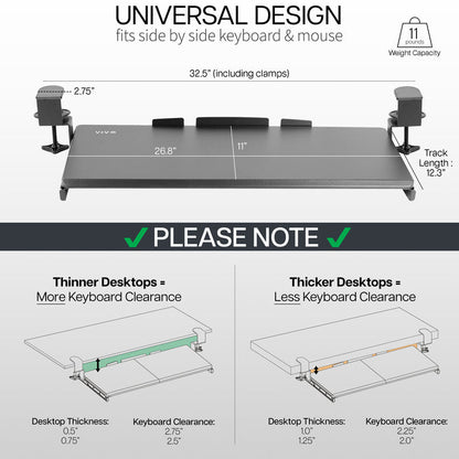 Clamp-on Computer Keyboard and Mouse Under Desk Slider Tray with RGB Pad