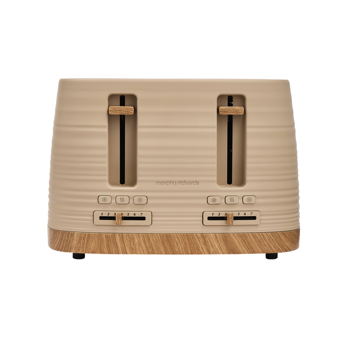 Beige Clay toaster with wooden accents on a white background