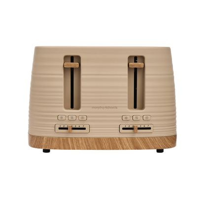 Beige Clay toaster with wooden accents on a white background