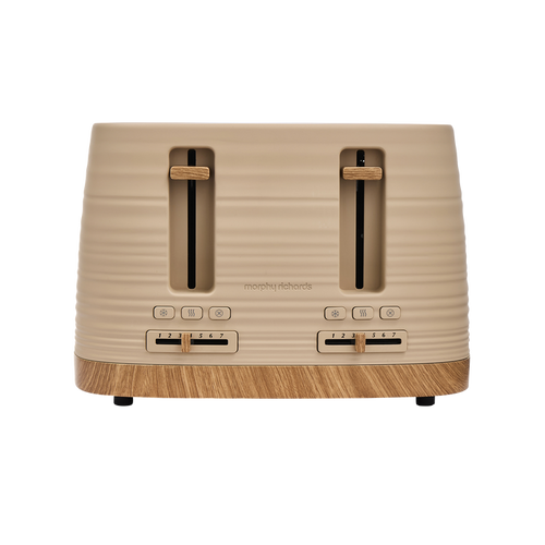 Beige Clay toaster with wooden accents on a white background