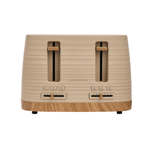 Beige Clay toaster with wooden accents on a white background