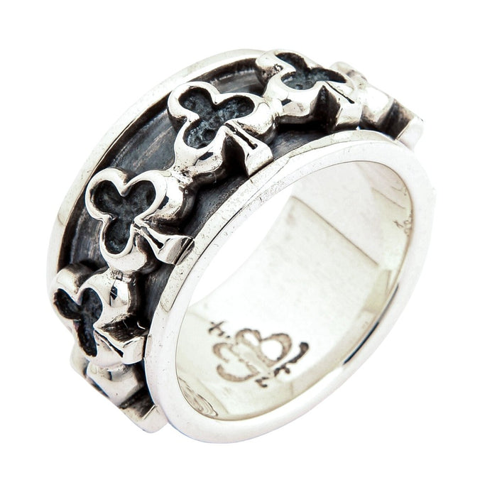Angled view of club spinner ring showing 925 hallmark inside band