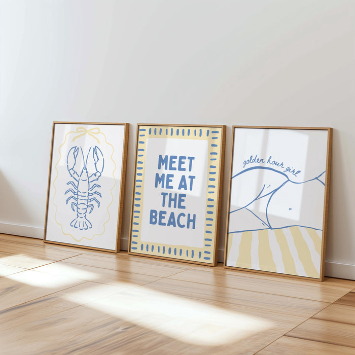 Coastal Beach Wall Art Set of 6, Blue Yellow Beach Gallery Wall, Meet Me At The Beach, Lobster & Shell Coastal Print, Summer Beach House Art