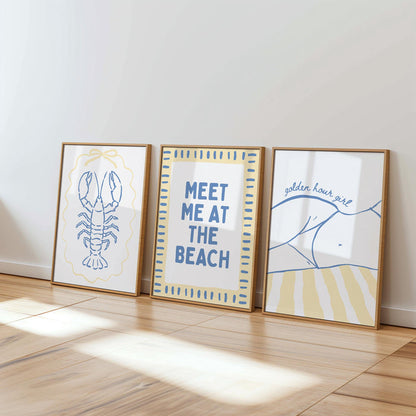 Coastal Beach Wall Art Set of 6, Blue Yellow Beach Gallery Wall, Meet Me At The Beach, Lobster & Shell Coastal Print, Summer Beach House Art