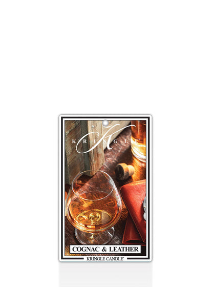 Kringle Candle air freshener for Cognac & Leather fragrance on a white background