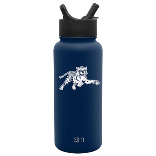Navy blue matte water bottle with solid lid and spout assembly, featuring a sophisticated understated design.