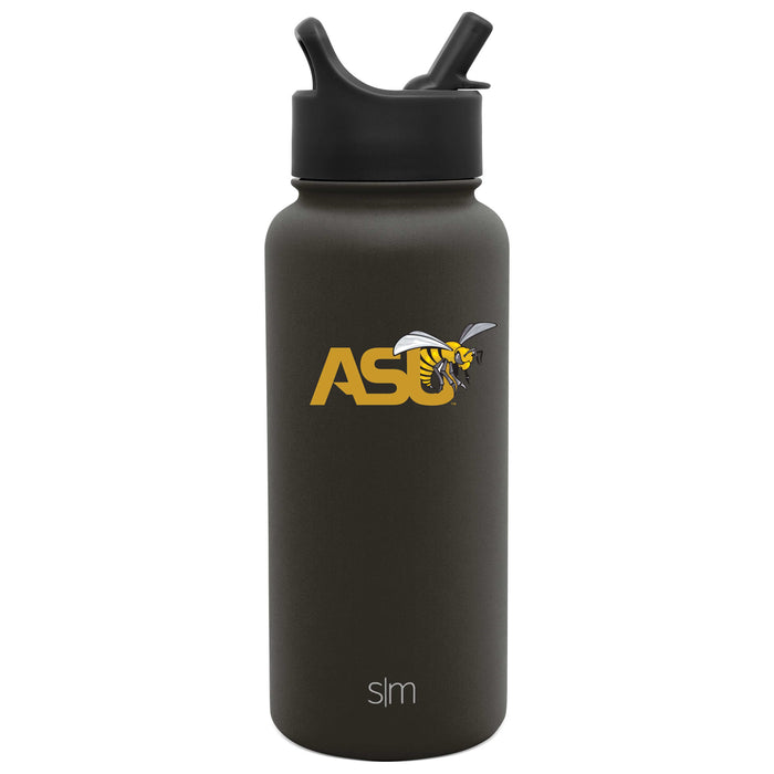 Dark charcoal gray cylindrical water bottle with gold lettering and black accents