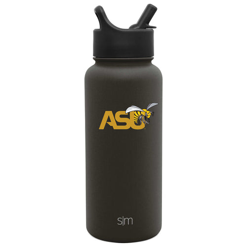 Dark charcoal gray cylindrical water bottle with gold lettering and black accents
