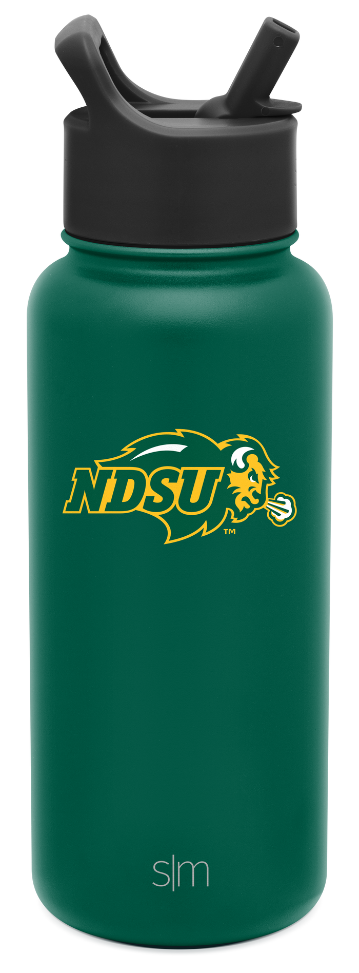Deep teal water bottle with charcoal gray lid and straw system, cylindrical design with rich saturated finish.